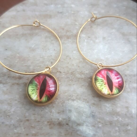 Gold or Black Stainless Steel Dangle Dragon Snake Eye Round Circle Hoop Earrings - Picture 3 of 8